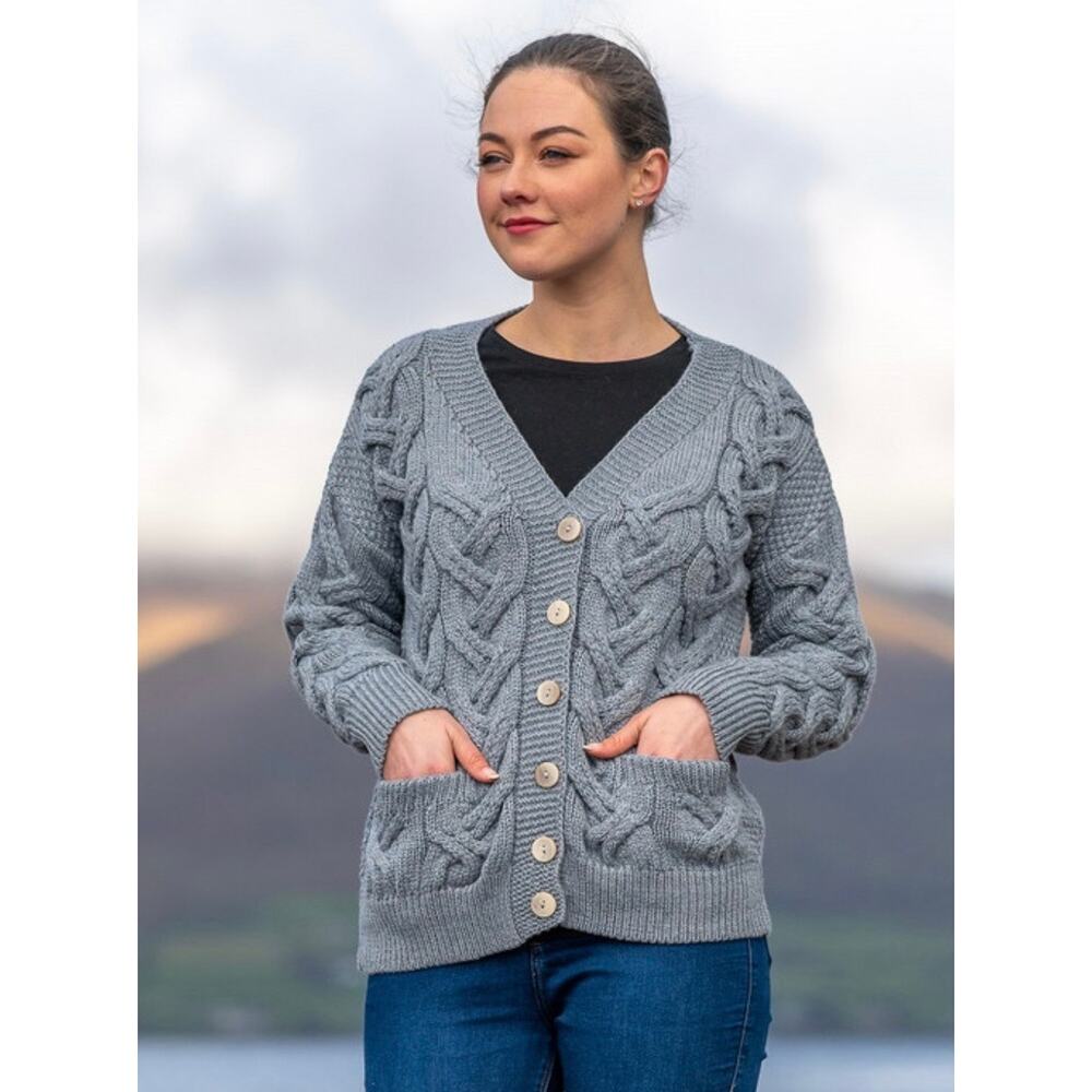 Aran Sweater Market Fisherman Soft‎ Chunky Cable Knit Cardigan Gray Small